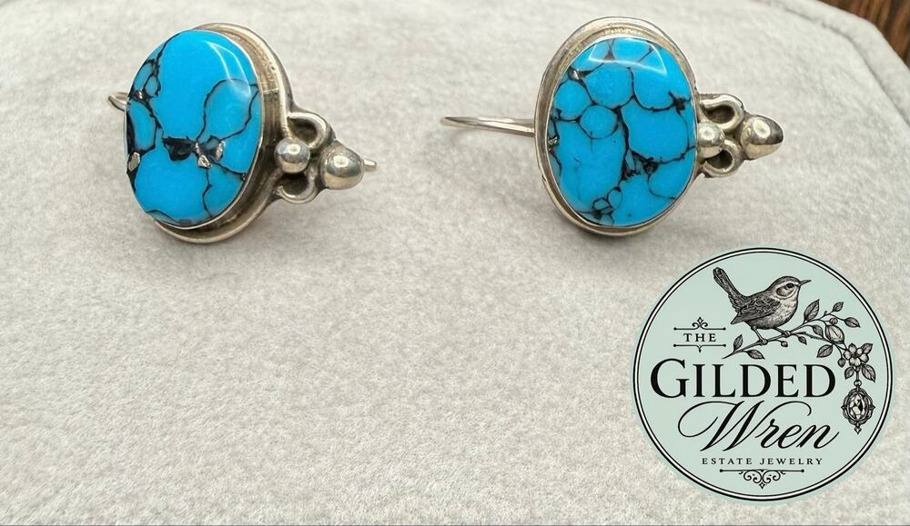 Vintage Mexican Turquoise Sterling Silver Drop Earrings 1.3in 3.56g
